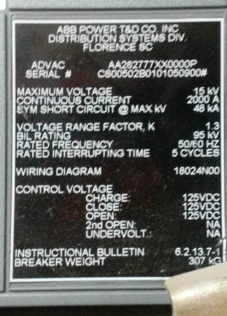 [037597] 2000 Amp, ABB, ADVAC, 15 KV, 2000, 125 VDC CHARGE/CLOSE/OPEN:1