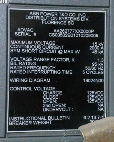 [037598] 2000 Amp, ABB, ADVAC, 15 KV, 2000, 125 VDC CHARGE/CLOSE/OPEN:1