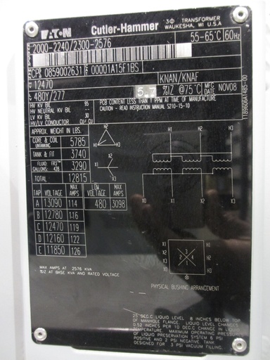 [037645] 2000/2576 KVA, Pri 12470 D, Sec 480 Y, 2008, SUBSTATION TYPE, ENVIRO-TEMP FR3