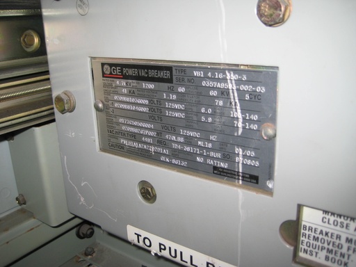 [037721] 1200 Amp, GE, VB1-4.16-350-3, 4160 V., 2005, ML-18 MECH, 125VDC CL,CH,& TR, 41KA