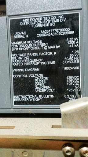 [037889] 1200 Amp, ABB, ADVAC, 8.25 KV, 125 VDC CHARGE/CLOSE/OPEN, 41 KA:1
