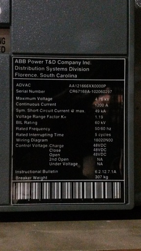 [038068] 1200 Amp, ABB, ADVAC, 4160 V., E/O, D/O, 48 VDC CHARGE/CLOSE/OPEN:1