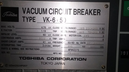 [038566] 3000 Amp, TOSHIBA, VK-6Q50, 4760 V., 1988, 125 VDC CLOSE & TRIP, DRAW-OUT:1