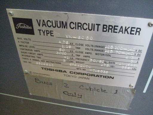 [038567] 3000 Amp, TOSHIBA, VK-6Q50, 4760 V., 1988, 125 VDC CLOSE & TRIP, DRAW-OUT:1