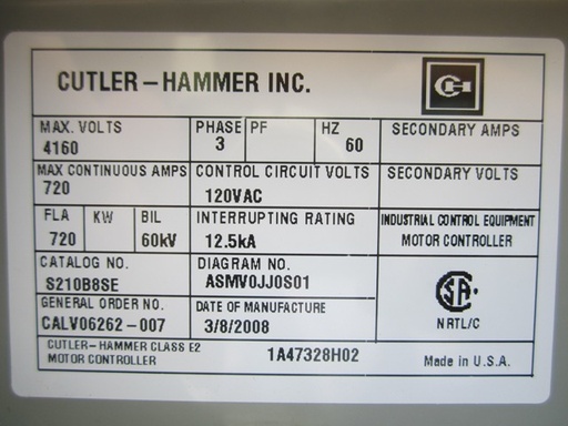 [039027] 720 Amp, 4160 Volt, CUTLER HAMMER, SJ50V830, 2008, BOLT-IN, 120 VAC CONTROLS:1