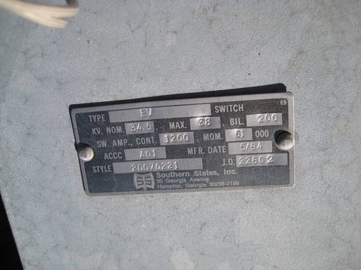 [039047] 1200 Amp, SOUTHERN STATES, No. EV, 38 KV, 1994, 61KA, HORIZ OR VERT MOUNT, M/O