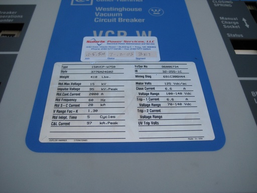 [039121] 2000 Amp, CUTLER HAMMER, 150VCP-W750, 15 KV, 1996, 125VDC CL/TR/MT, EO/DO, 28KA