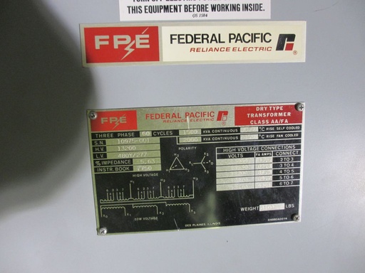 [039194] 1500/2000 KVA, Pri 13200 D, Sec 480Y/277, FEDERAL PACIFIC, INDOOR, DRY:1