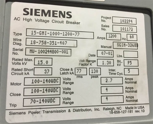 [039379] 1200 Amp, SIEMENS, 15-GMI-1000-1200-77, 15 KV, 2001, 125 VDC, D/O:1