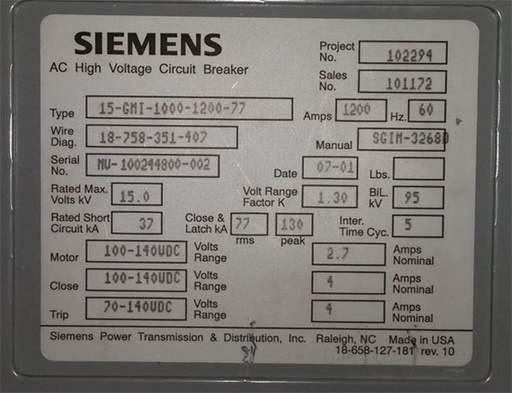 [039380] 1200 Amp, SIEMENS, 15-GMI-1000-1200-77, 15 KV, 2001, 125 VDC, D/O:1