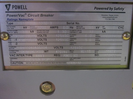 [039653] 1200 Amp, GENERAL ELECTRIC, VB1-13.8-1000-3, 15 KV, 2009, 125 VDC, ML-18 MECH