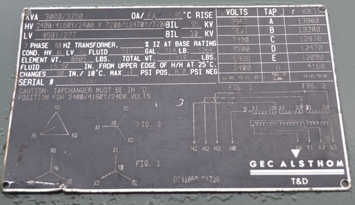 [039827] 3000/3750 KVA, Pri 2400/4160y/2400 x 7200/12470Y/7200, Sec 480Y/277, LF/RF, 1999