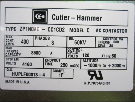 [039835] 400 Amp, 4160 Volt, CUTLER HAMMER, ZP1N0AE, AIR CONTACTOR, DRAW-OUT:1