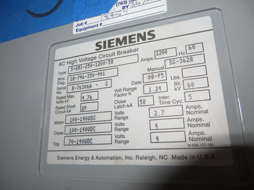 [039844] 1200 Amp, SIEMENS, 5GMI-250-1200-58, 5000 V., 125 VDC MOTOR/CLOSE/TRIP