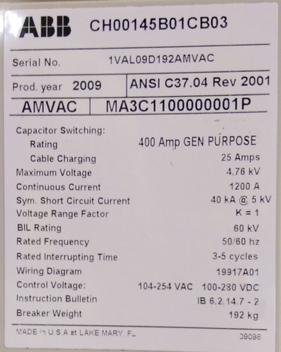 [039927] 1200 Amp, ABB, AMVAC, 4160 V., 2009, ELECTRICALLY OPERATED, UNUSED:1
