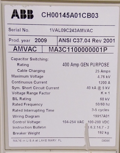 [039928] 1200 Amp, ABB, AMVAC, 4160 V., 2009, ELECTRICALLY OPERATED, UNUSED:1