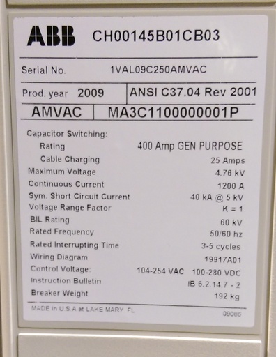 [039930] 1200 Amp, ABB, AMVAC, 4160 V., 2009, ELECTRICALLY OPERATED, UNUSED:1