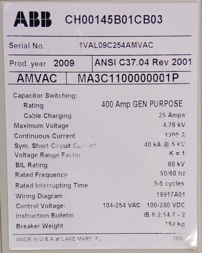 [039931] 1200 Amp, ABB, AMVAC, 4160 V., 2009, ELECTRICALLY OPERATED, UNUSED:1