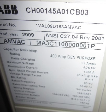 [039939] 1200 Amp, ABB, AMVAC, 4160 V., 2009, ELECTRICALLY OPERATED, UNUSED:1