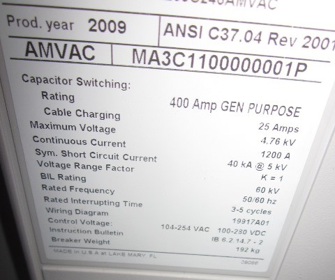 [039941] 1200 Amp, ABB, AMVAC, 4760 V., 2009, ELECTRICALLY OPERATED, UNUSED:1