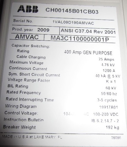 [039942] 1200 Amp, ABB, AMVAC, 4160 V., 2009, ELECTRICALLY OPERATED, UNUSED:1