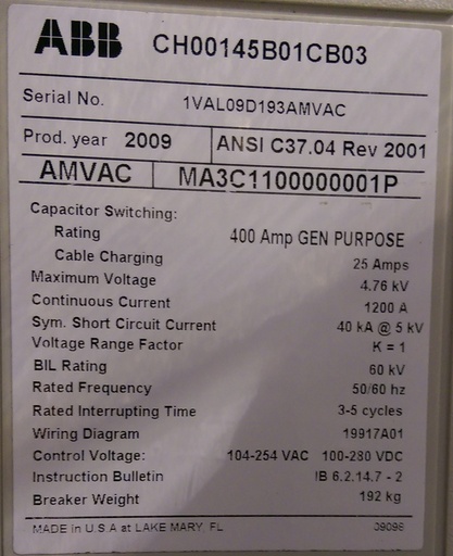 [039943] 1200 Amp, ABB, AMVAC, 4160 V., 2009, ELECTRICALLY OPERATED, UNUSED:1
