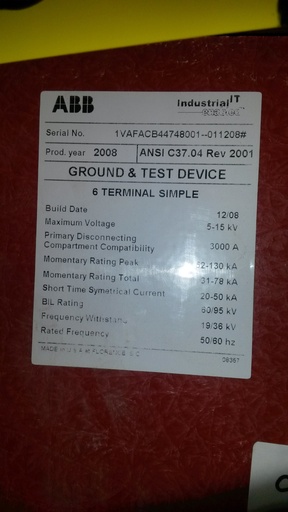 [039972] 3000 Amp, ABB, ADVAC, 15 KV, 2008, GROUND & TEST DEVICE, 6 TERMINAL SIMPLE:1