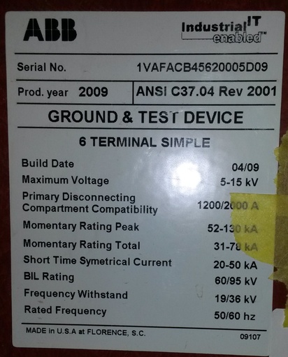 [039978] 1200 Amp, ABB, ADVAC, 5000 V., 2009, 6 TERMINAL SIMPLE, GROUND & TEST DEVICE:1
