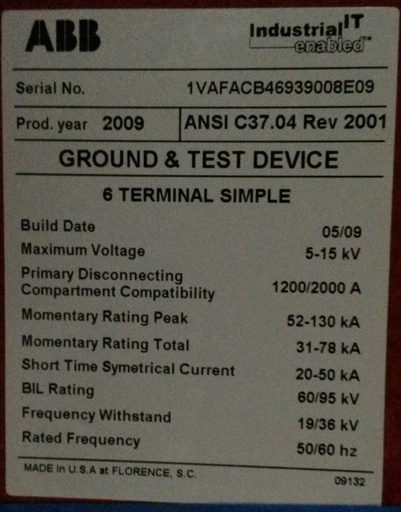 [039982] 1200/2000 Amp, ABB, ADVAC, 5/15 KV, GROUND & TEST DEVICE, 6 TERMINAL SIMPLE