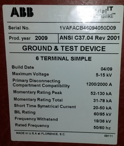 [039983] 1200/2000 Amp, ABB, ADVAC, 5/15 KV, GROUND & TEST DEVICE, 6 TERMINAL SIMPLE