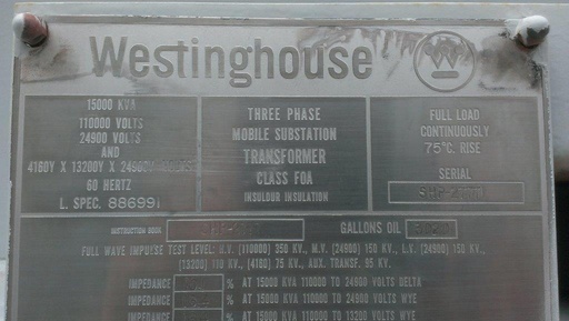 [040023] 15000 KVA, Pri 110000 D X 24900 D, Sec 4160Y/13200Y/24900Y, WESTINGHOUSE, MOBILE