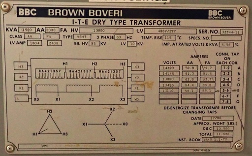 [040033] 1500/2000 KVA, Pri 13800 D, Sec 480Y/277, BBC/ITE, INDOOR, DRY, ALUMINUM
