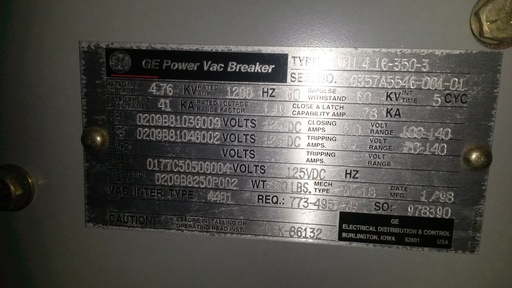 [040112] 1200 Amp, GENERAL ELECTRIC, VB1-4.16-350-3, 4160 V., 1998, 125 VDC, ML-18 MECH:1