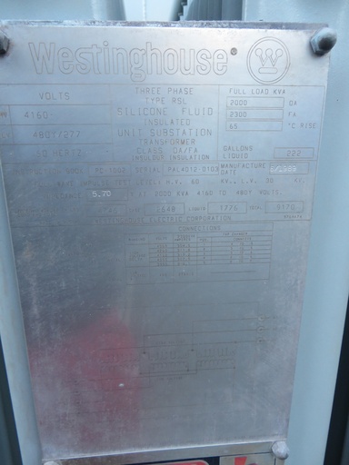 [040123] 2000/2300 KVA, Pri 4160 D, Sec 480Y/277, WESTINGHOUSE, SILICONE, ALUMINUM