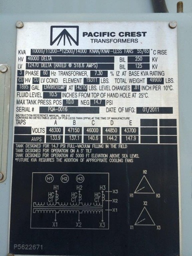 [040134] 10000/14000 KVA, Pri 46000 D, Sec 12470 D, 2011, AREVA, ENVIROTEMP:1