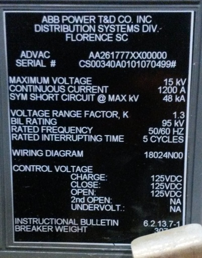 [040215] 1200 Amp, ABB, ADVAC, 13.8 KV, 125 VDC CLOSE & TRIP, UNUSED:1