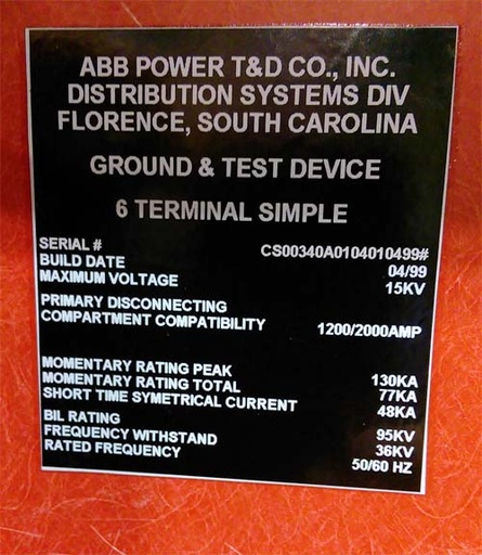 [040505] 1200/2000 Amp, ABB, GROUND & TEST, 15 KV, 1999, 6 TERMINAL SIMPLE, UNUSED:1