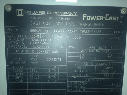 [040559] 3750/5000 KVA, Pri 13200 D, Sec 4160Y/2400, 1997, SQUARE D, CAST COIL, INDOOR:1