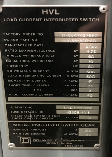 [040668] 600 Amp, SQUARE D, No. HVL, 4760 V., 1995, INDOOR, FUSED:1