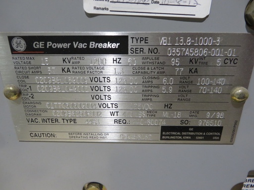 [040691] 1200 Amp, GENERAL ELECTRIC, VB1-13.8-1000-3, 15 KV, 125 VDC, ELECTRIC OPER: