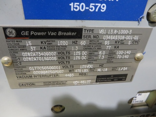 [040692] 1200 Amp, GENRAL ELECTRIC, VB1-13.8-1000-3, 15 KV, ELECTRIC, 125VDC C&T: