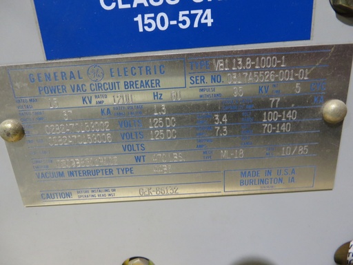 [040693] 1200 Amp, GENRAL ELECTRIC, VB1-13.8-1000-1, 15 KV, ELECTRIC, 125VDC C&T:
