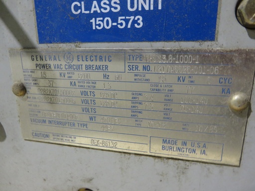 [040695] 1200 Amp, GENRAL ELECTRIC, VB1-13.8-1000-1, 15 KV, ELECTRIC, 125VDC C&T: