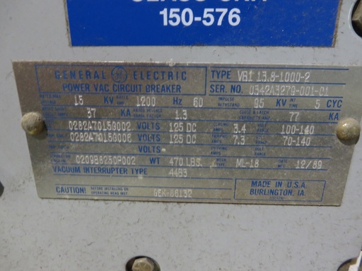 [040696] 1200 Amp, GENRAL ELECTRIC, VB1-13.8-1000-2, 15 KV, ELECTRIC, 125VDC C&T:
