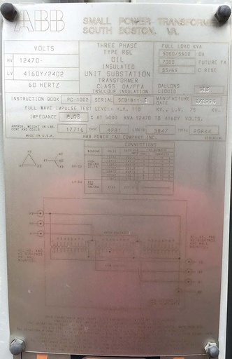 [040704] 5000/5600/7000 KVA, Pri 12470 D, Sec 4160Y/2402, ABB, Type RSL, Oil