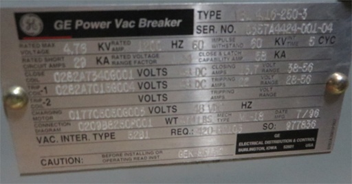 [040716] 1200 Amp, GENERAL ELECTRIC, VB1-4.16-250-3, 4160 V., EO/DO, 48 VDC MCT: