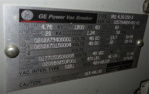 [040718] 1200 Amp, GENERAL ELECTRIC, VB1-4.16-250-3, 4160 V., EO/DO, 48 VDC MCT: