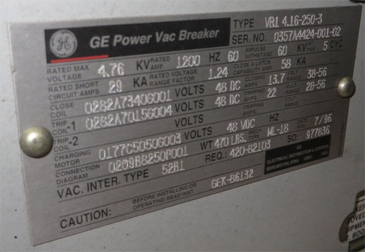 [040719] 1200 Amp, GENERAL ELECTRIC, VB1-4.16-250-3, 4160 V., EO/DO, 48 VDC MCT: