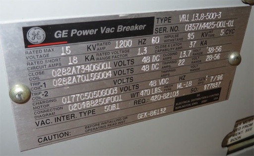 [040720] 1200 Amp, GENERAL ELECTRIC, VB1-13.8-500-3, 13.8 V., EO/DO, 48 VDC MCT: