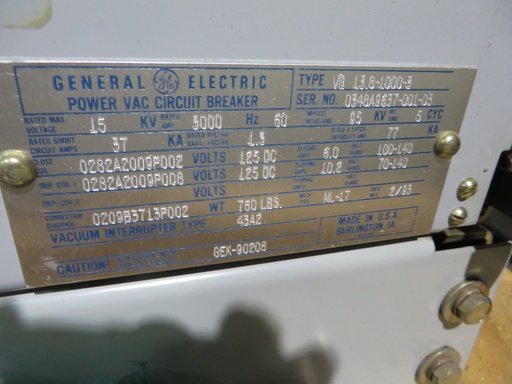 [040730] 3000 Amp, GENERAL ELECTRIC, VB13.8-1000-3, 15 KV, ML-17 MECH, 125 VDC C&T;